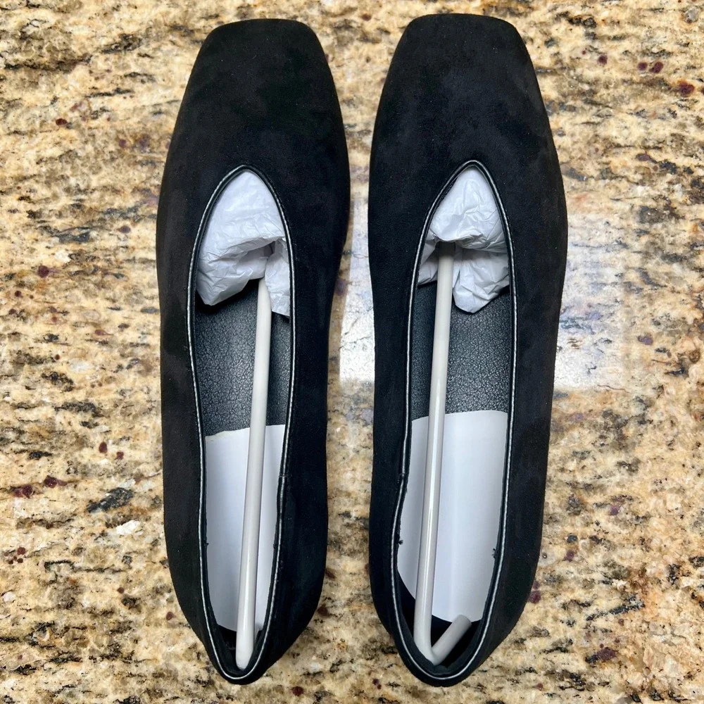 Coutgo Womens Ballet Flats Black Square Toe Faux Suede Slip On Shoes Size 10